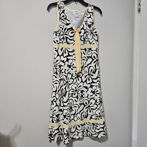 Cato Womens Black White Floral Midi Dress Yellow Trim Tie V-Neck Size 8 Slveless